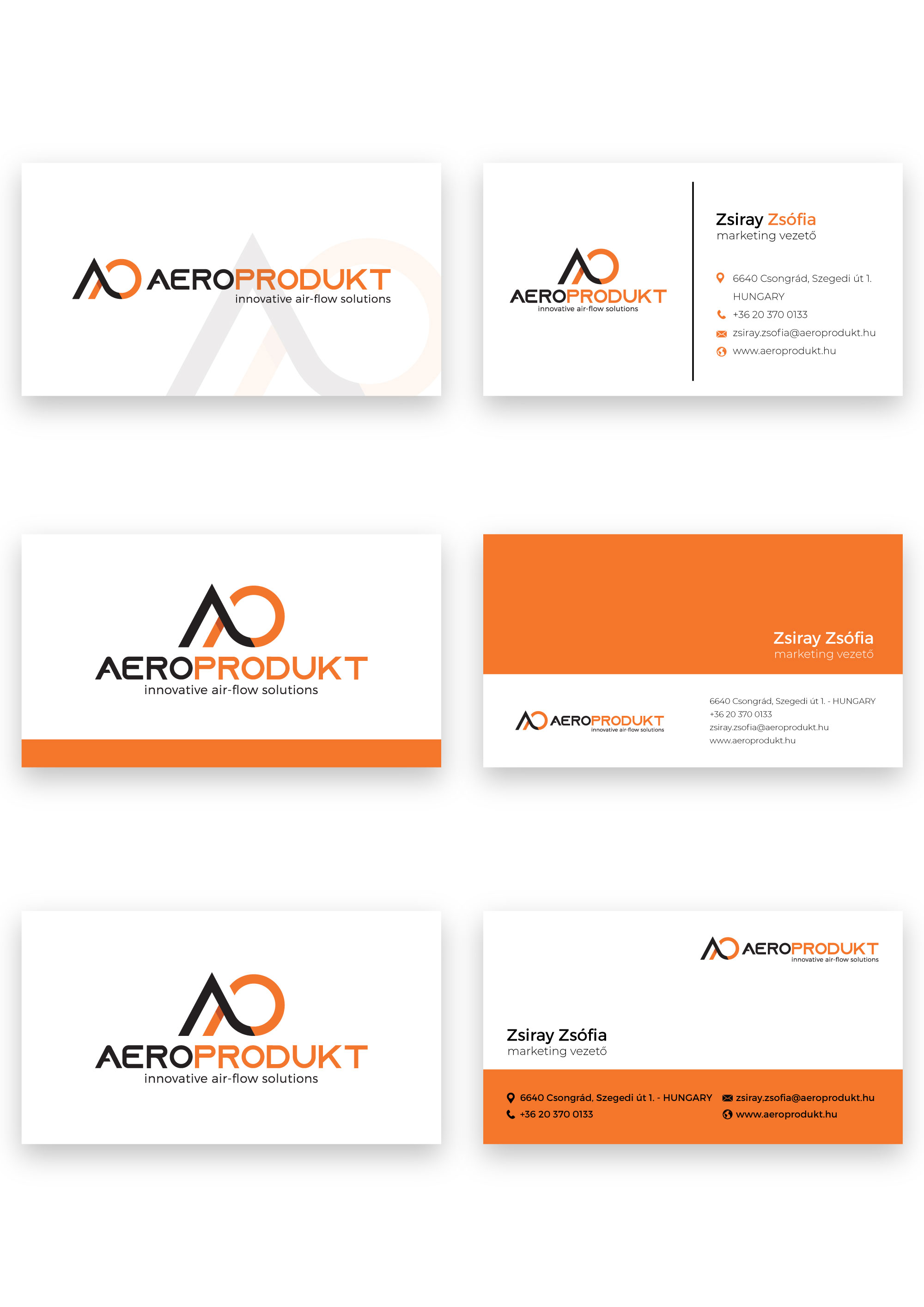 Aeroprodukt business card — three front-and-back layout options using the AO monogram and orange band