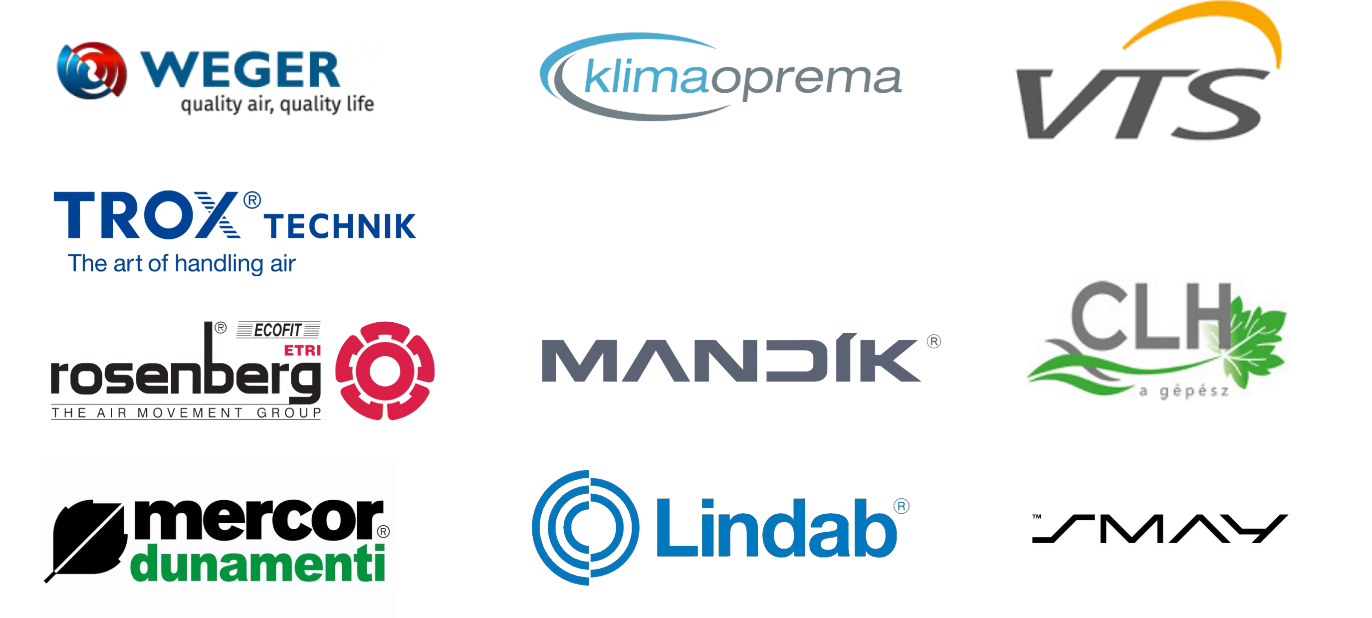 Competitor logos — Weger, Klimaoprema, VTS, Trox, Rosenberg, Mandik, CLH, Mercor, Lindab, Smay