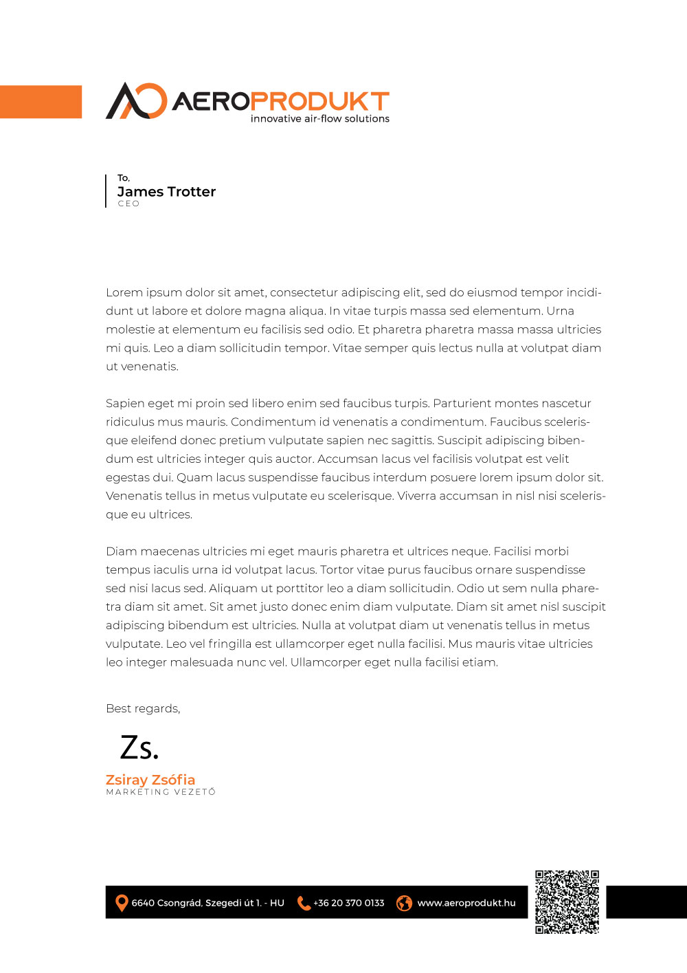 Aeroprodukt letterhead option 1 — orange tab header, dark footer with contact band and QR