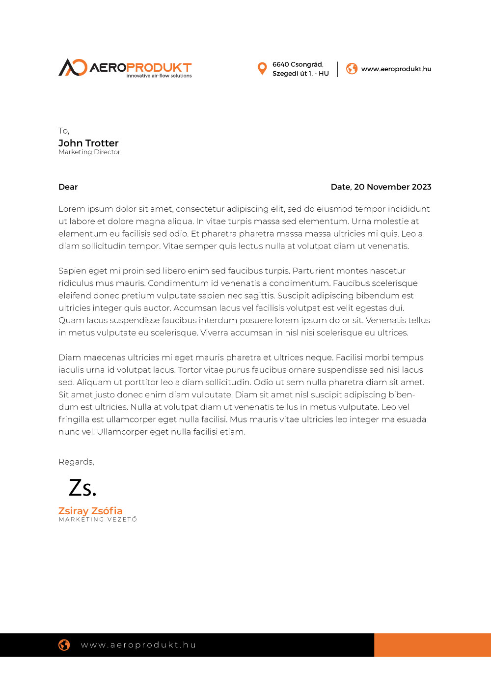 Aeroprodukt letterhead option 2 — logo header with contact details, orange and dark footer