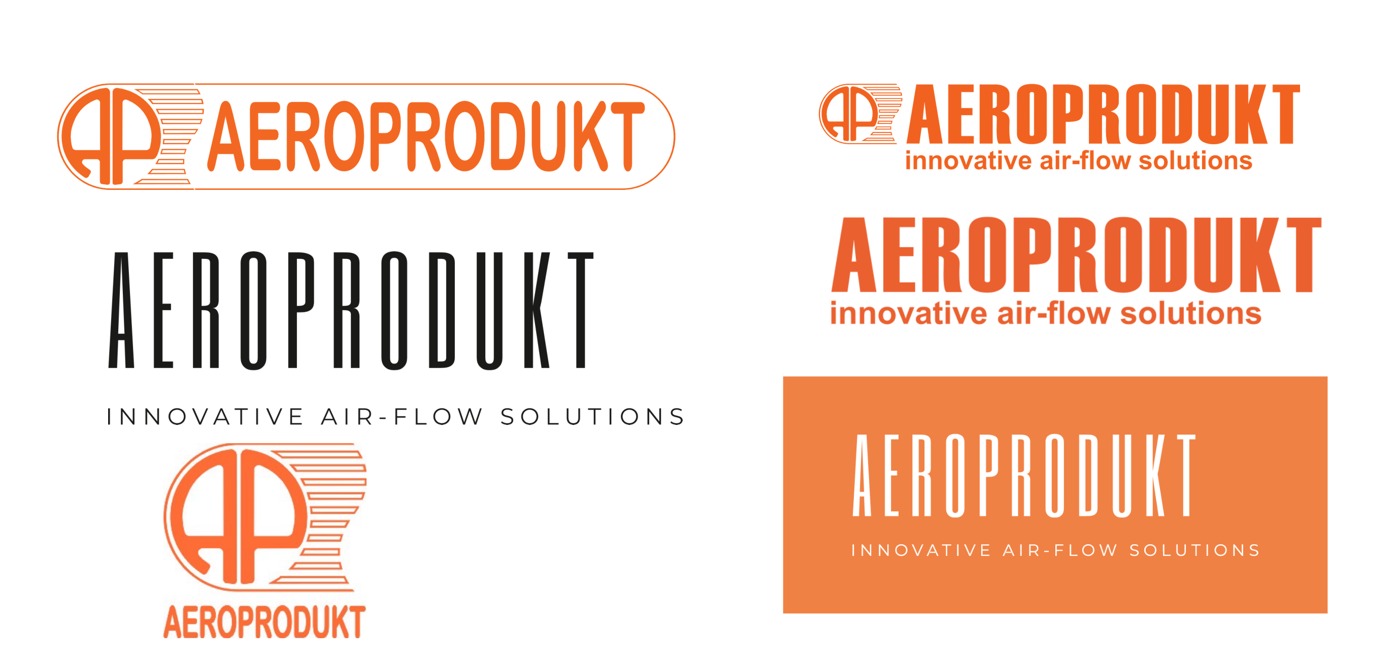 Previous Aeroprodukt logo variants — AP badge with speed fins, pill container and flat orange wordmarks