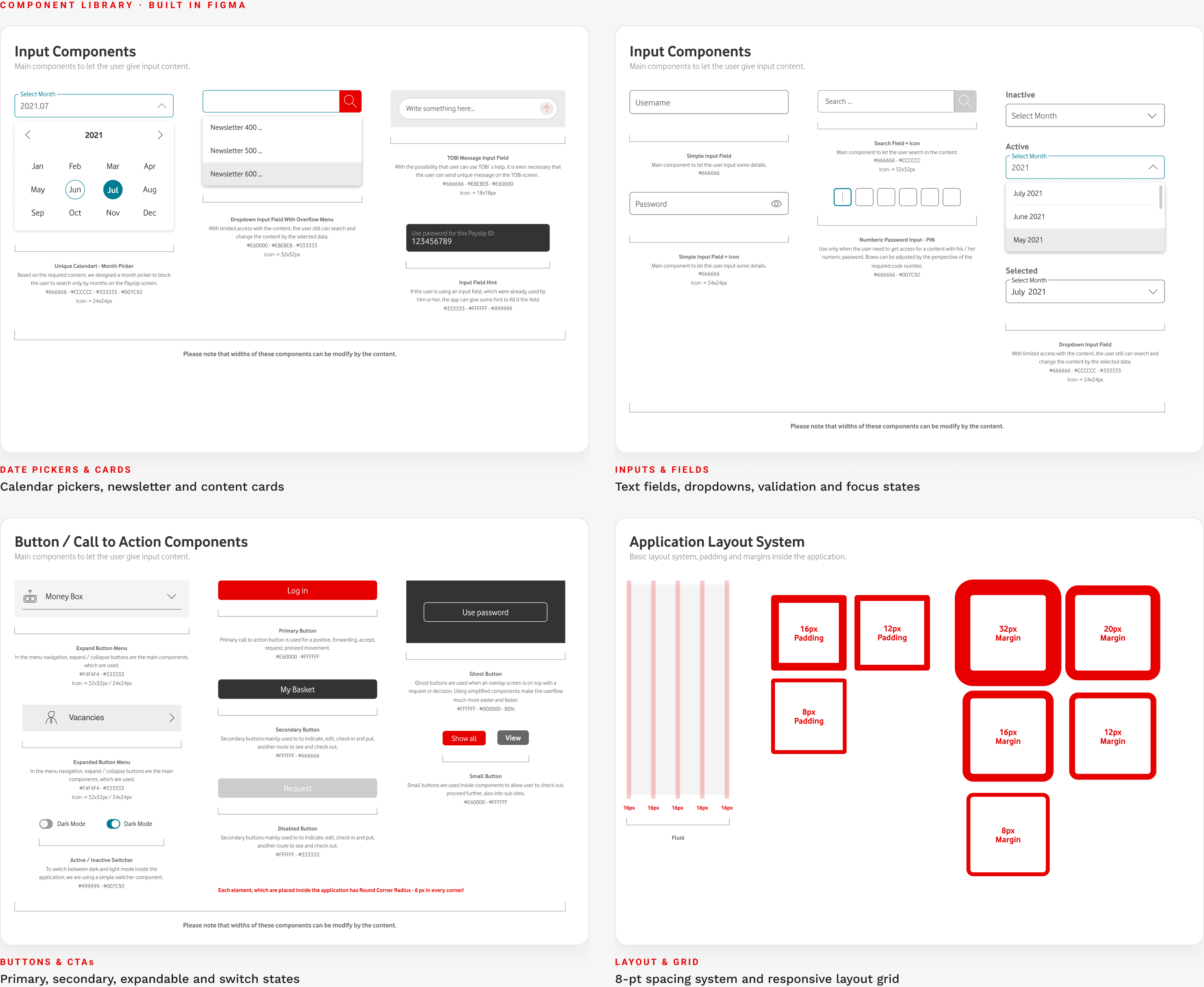 Vodafoners component library: date pickers and cards, inputs and fields, buttons and CTAs, layout grid