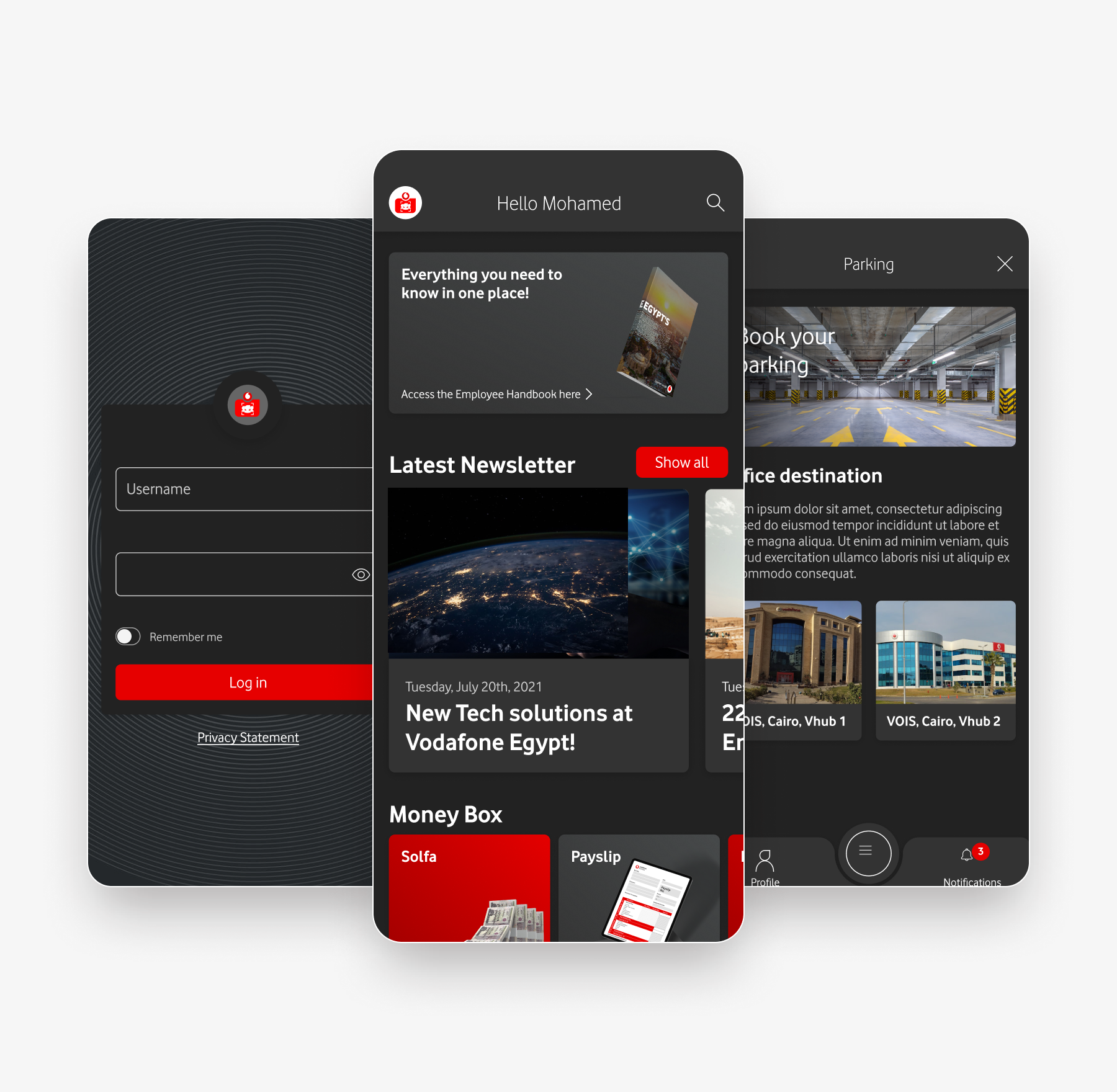 Vodafoners app — splash, dashboard and parking screens