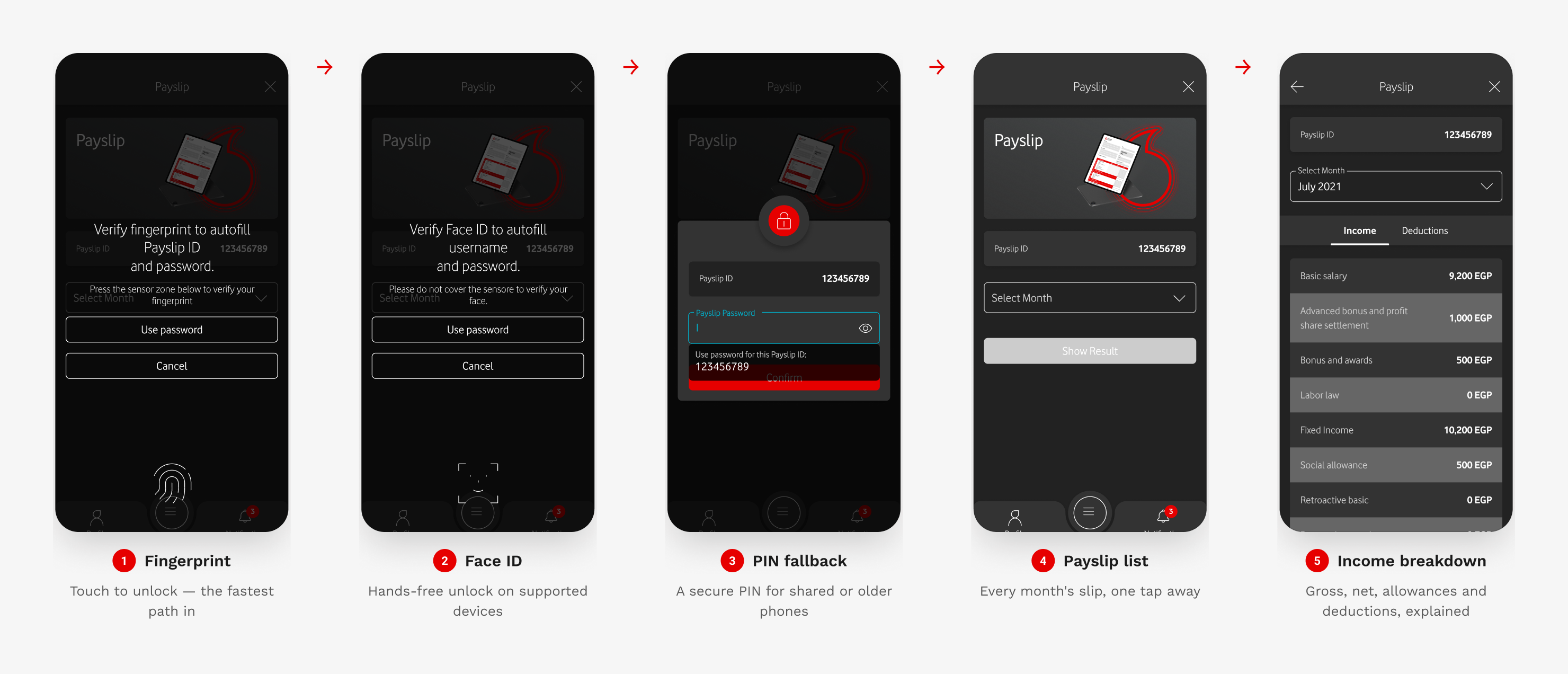 Payslip biometric authentication and breakdown flow
