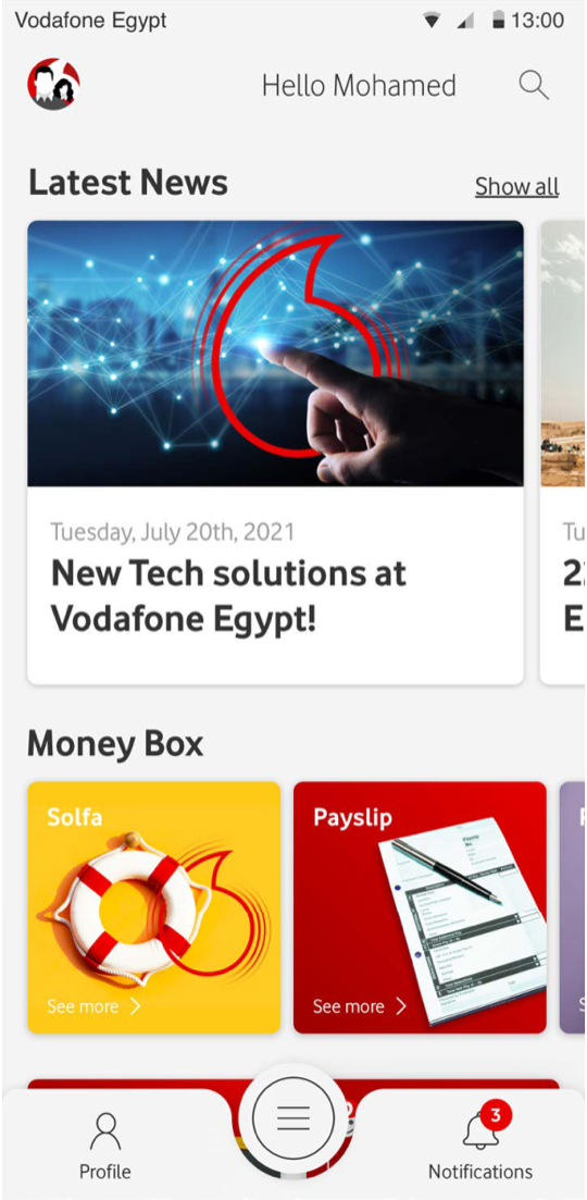 Final high-fidelity design of the Vodafoners home dashboard