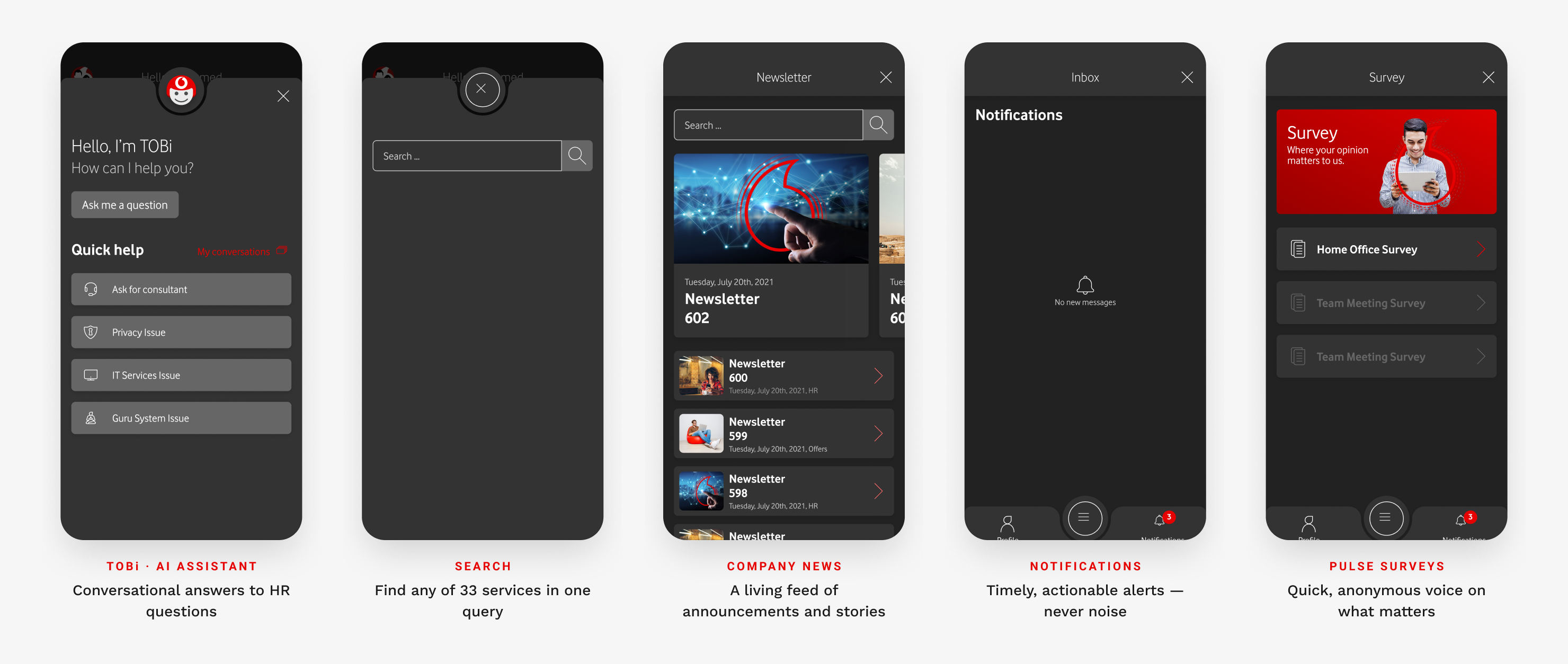 TOBi assistant, search, news, notifications and surveys